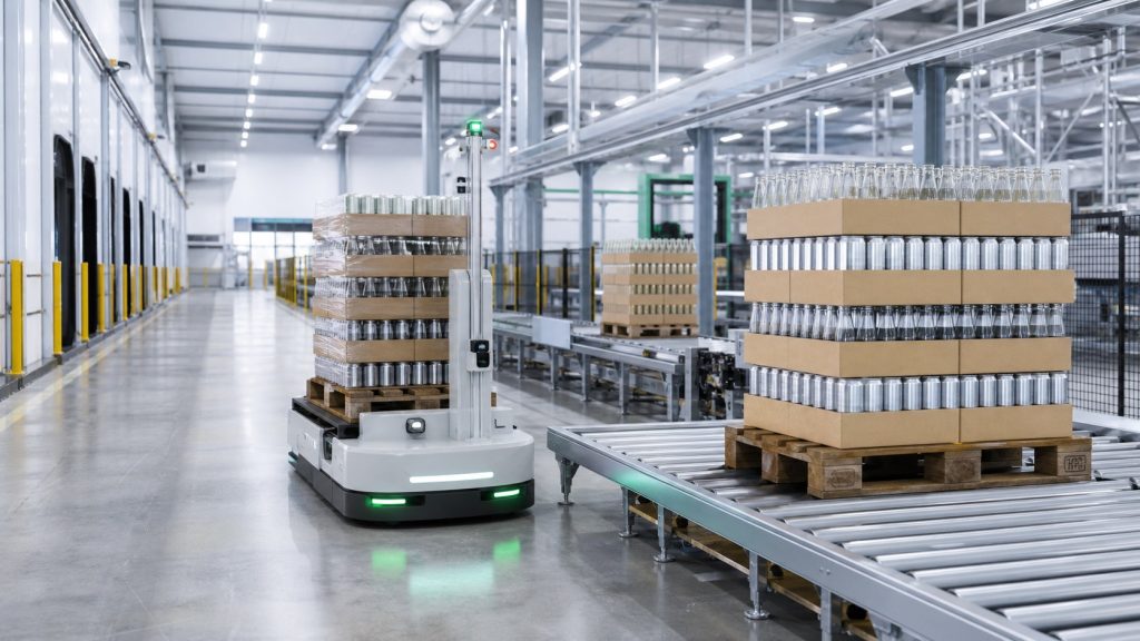 Beverage distribution warehouse automation with high-density pallet storage