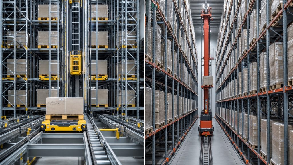 Four-way shuttle system compared with a stacker crane AS/RS